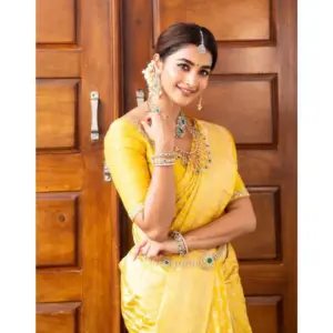 Women's Soft Lichi Silk Printed Saree with Blouse – Yellow