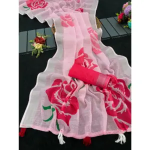 Women's Linen Cotton Printed Saree – Pink