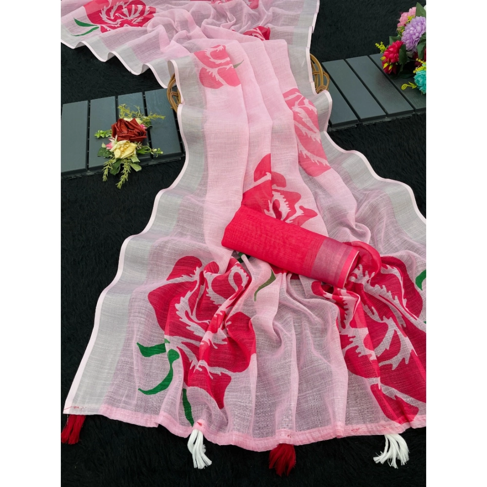 Women's Linen Cotton Printed Saree – Pink