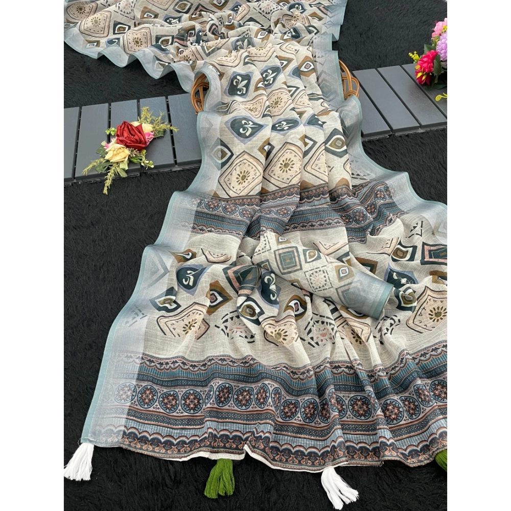 Women's Linen Cotton Printed Saree – Grey