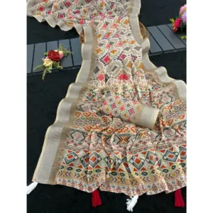 Women's Linen Cotton Printed Saree – Cream