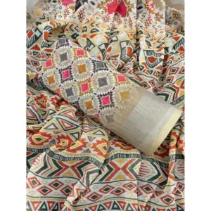 Women's Linen Cotton Printed Saree – Cream