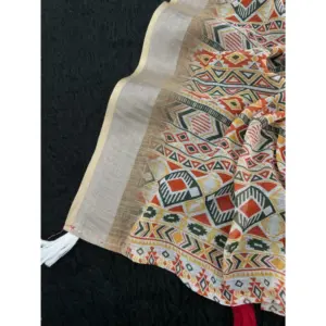 Women's Linen Cotton Printed Saree – Cream