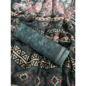 Women's Linen Cotton Printed Saree – Blue