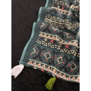 Women's Linen Cotton Printed Saree – Blue