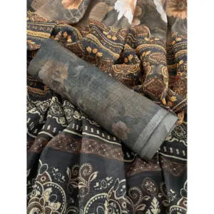 Women's Linen Cotton Printed Saree – Beige