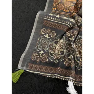 Women's Linen Cotton Printed Saree – Beige