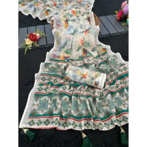 Women's Linen Cotton Printed Saree – Green