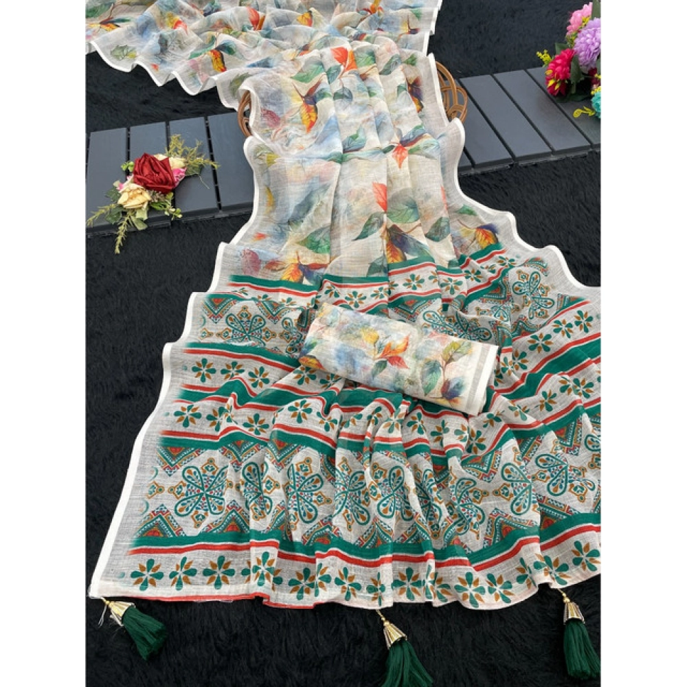 Women's Linen Cotton Printed Saree – Green