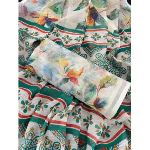Women's Linen Cotton Printed Saree – Green