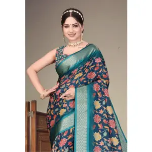 Women's Cotton Silk Printed Saree – Blue