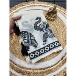 Women's Linen Cotton Printed Saree – Cream & Black