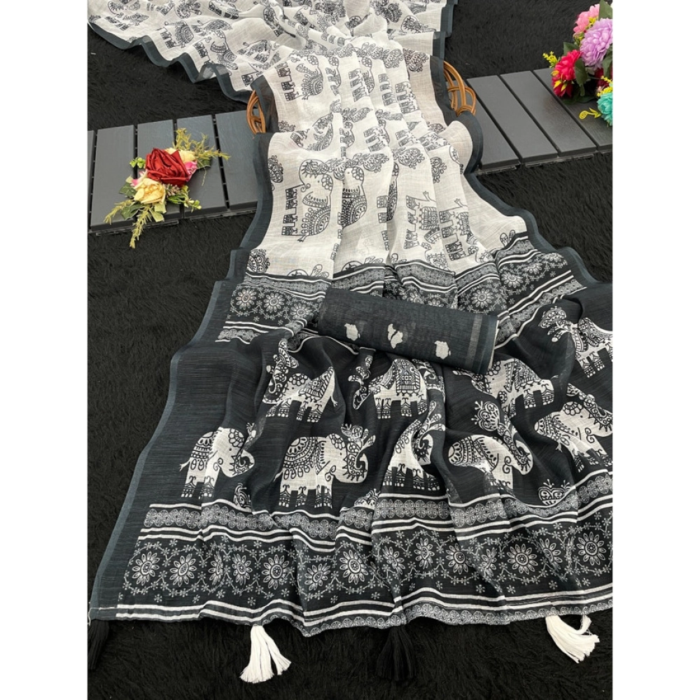 Women's Linen Cotton Printed Saree – Black