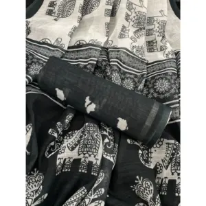 Women's Linen Cotton Printed Saree – Black