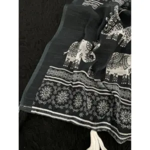 Women's Linen Cotton Printed Saree – Black