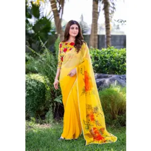 Women's Georgette Printed Saree – Yellow