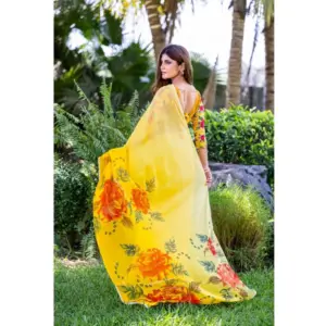 Women's Georgette Printed Saree – Yellow