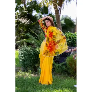Women's Georgette Printed Saree – Yellow