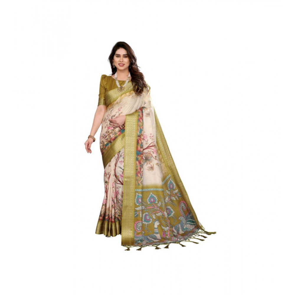 Women's Cotton Silk Printed Saree – Olive Green