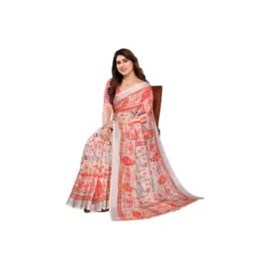 Women's Linen Cotton Printed Saree – Orange