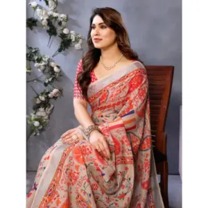 Women's Linen Cotton Printed Saree – Orange
