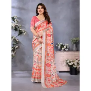 Women's Linen Cotton Printed Saree – Orange