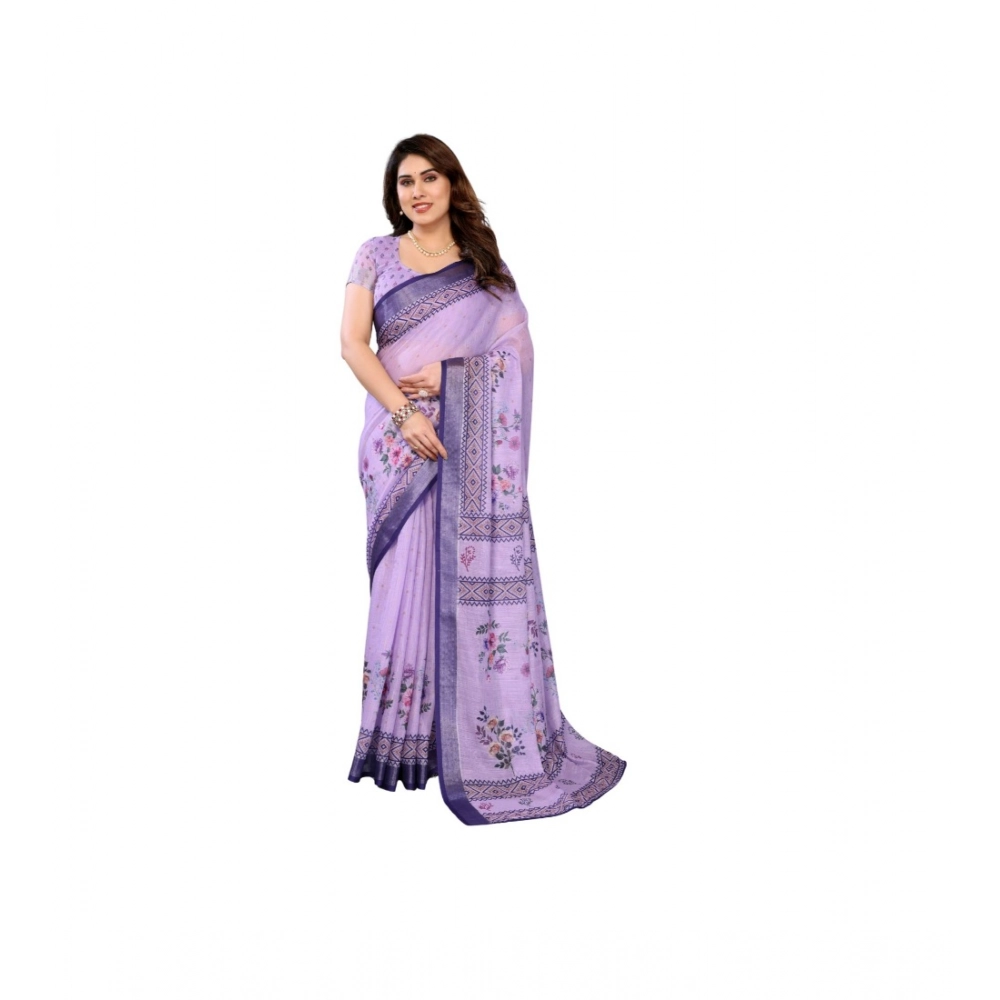 Women's Linen Cotton Printed Saree – Purple
