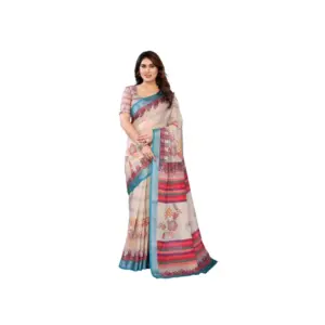 Women's Linen Cotton Printed Saree – Cream