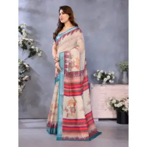 Women's Linen Cotton Printed Saree – Cream