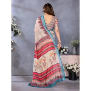 Women's Linen Cotton Printed Saree – Cream