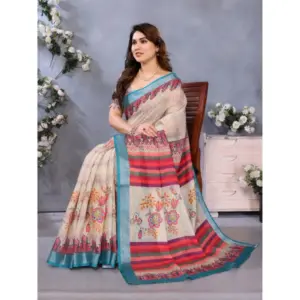 Women's Linen Cotton Printed Saree – Cream