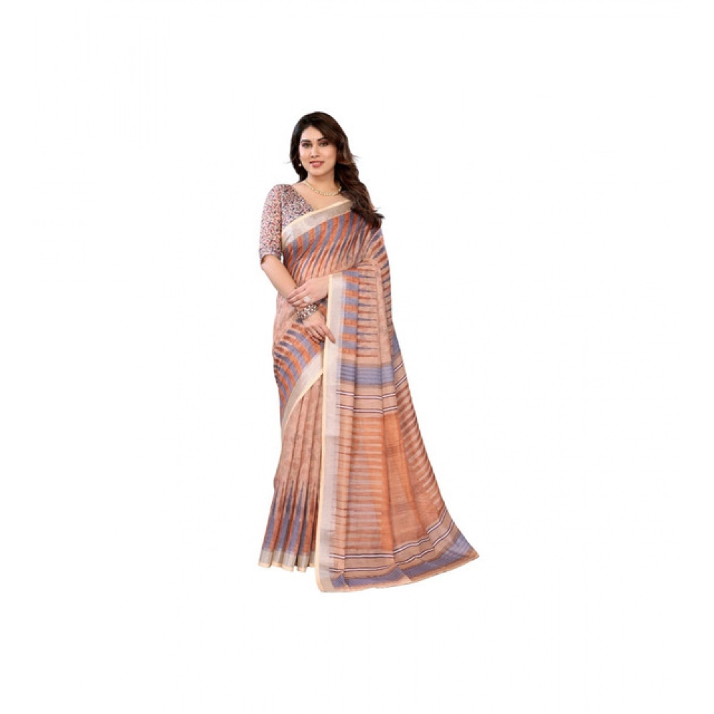 Women's Linen Cotton Printed Saree – Brown