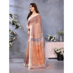 Women's Linen Cotton Printed Saree – Brown