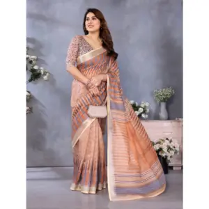 Women's Linen Cotton Printed Saree – Brown