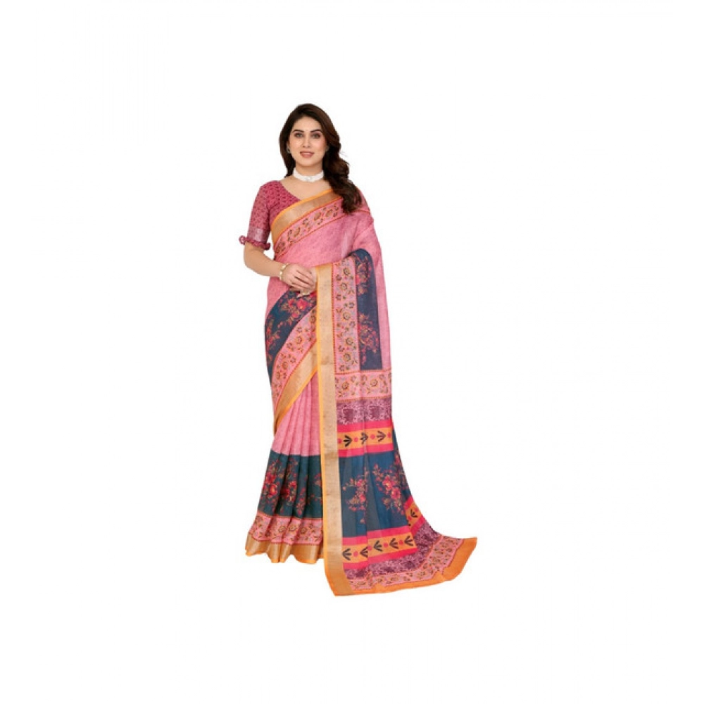 Women's Linen Cotton Printed Saree – Pink