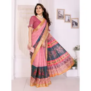 Women's Linen Cotton Printed Saree – Pink