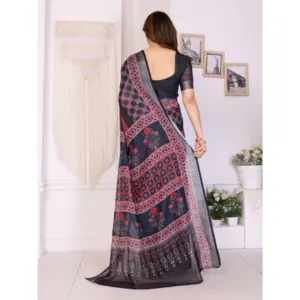 Women's Linen Cotton Printed Saree – Black