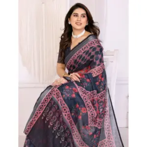 Women's Linen Cotton Printed Saree – Black