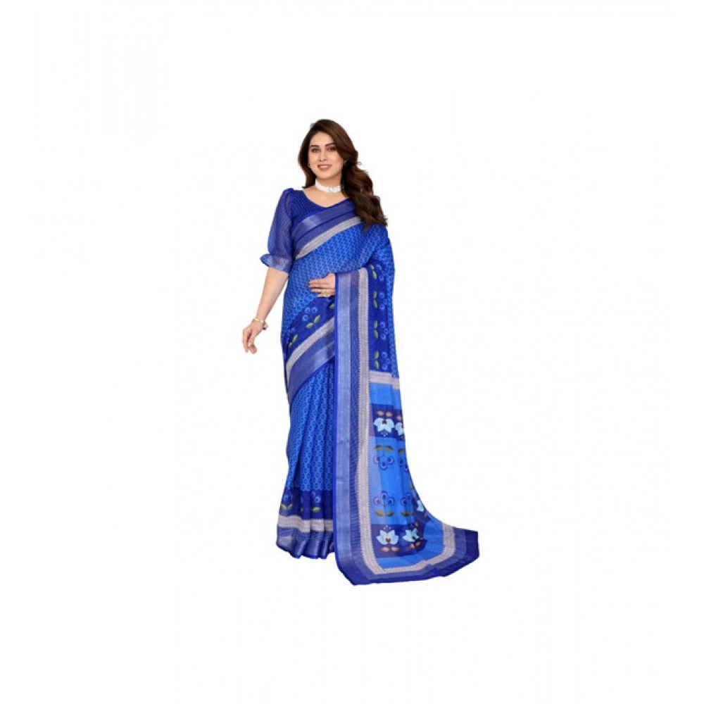 Women's Linen Cotton Printed Saree – Blue