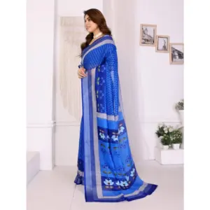 Women's Linen Cotton Printed Saree – Blue
