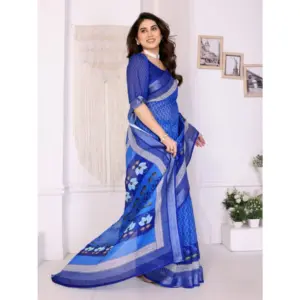 Women's Linen Cotton Printed Saree – Blue