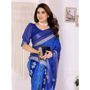 Women's Linen Cotton Printed Saree – Blue