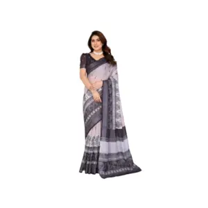 Women's Linen Cotton Printed Saree – White & Black