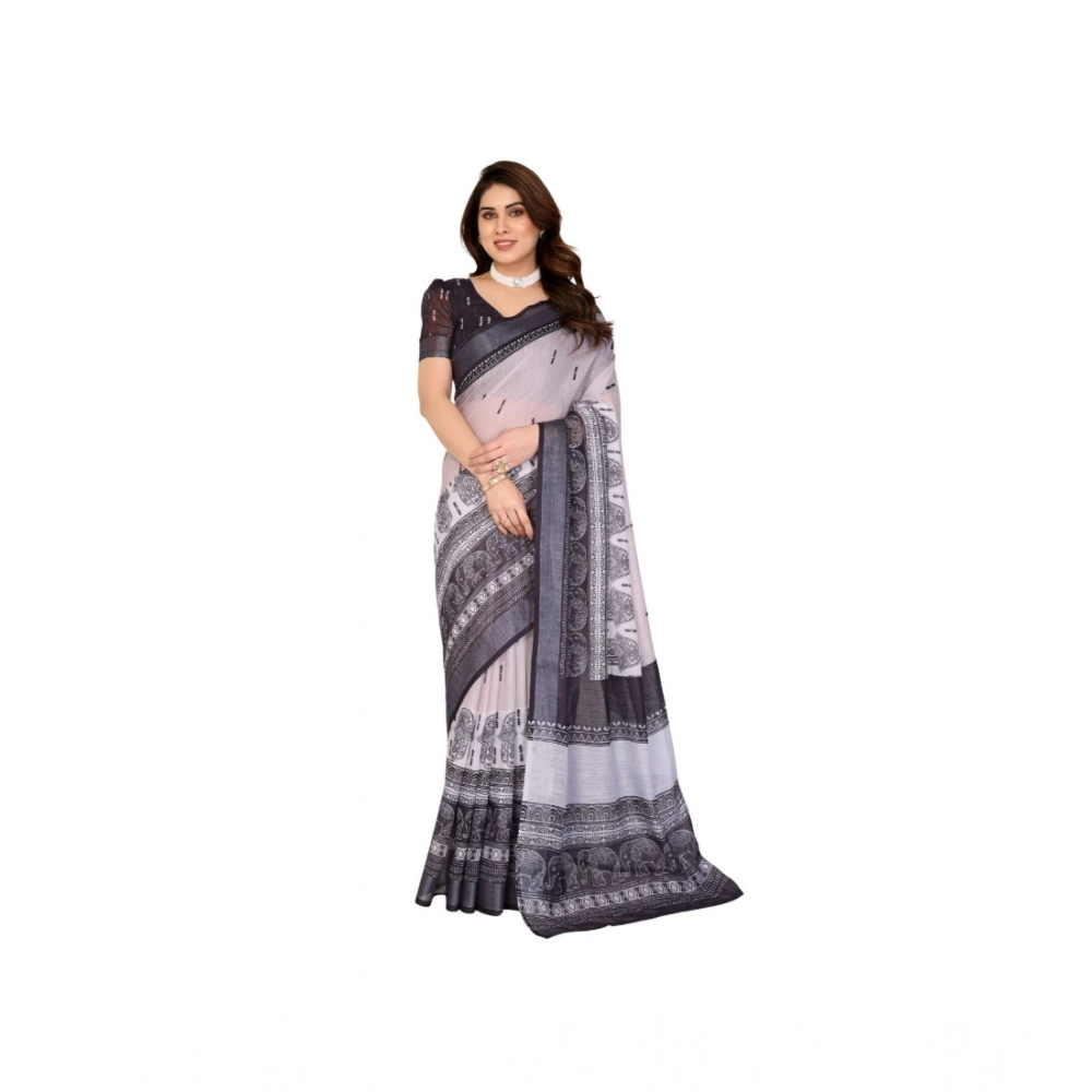 Women's Linen Cotton Printed Saree – White & Black