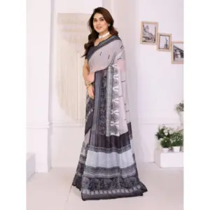 Women's Linen Cotton Printed Saree – White & Black