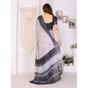 Women's Linen Cotton Printed Saree – White & Black