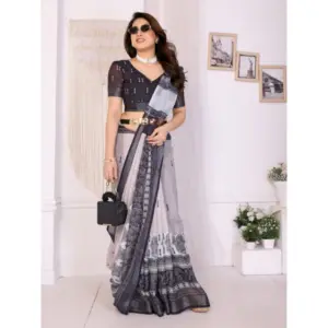 Women's Linen Cotton Printed Saree – White & Black