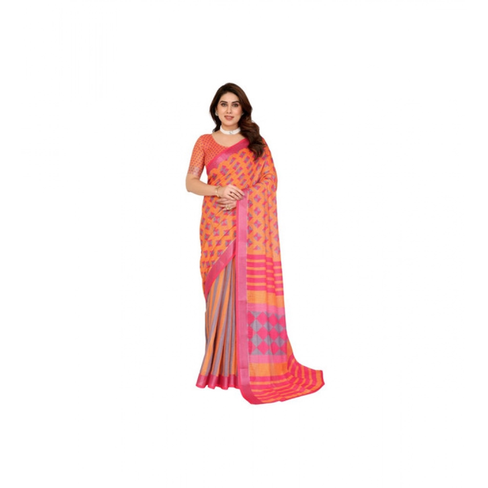 Women's Linen Cotton Printed Saree – Orange