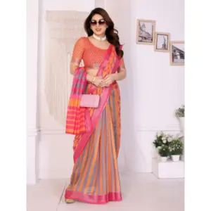 Women's Linen Cotton Printed Saree – Orange