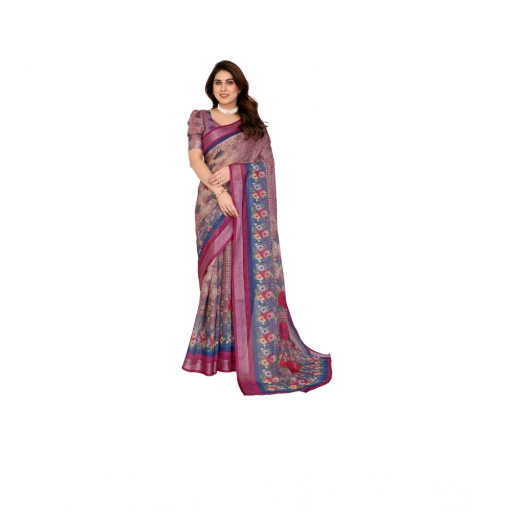 Women's Linen Cotton Printed Saree – Wine